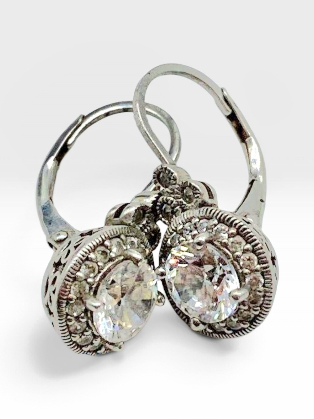 π 925 Sterling Silver CZ Diamond Halo Lever Back Drop Earrings Art Deco - Picture 5 of 15